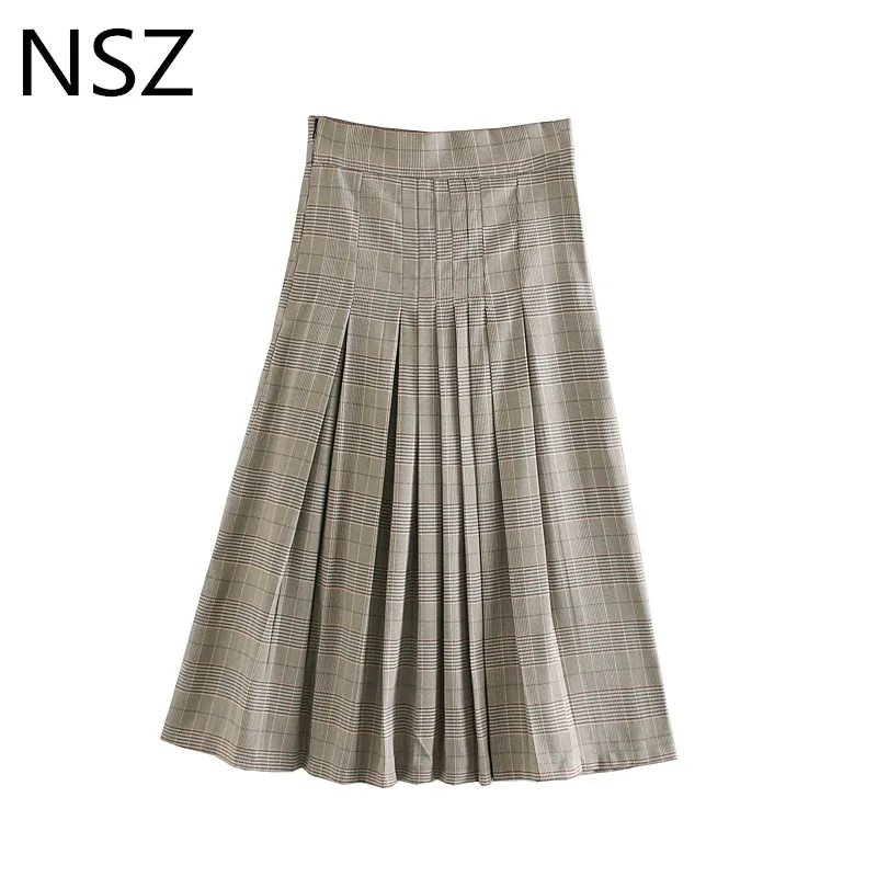 NSZ Женская плиссированная юбка с рисунком «гусиная лапка», высокая талия, Элегантная классическая юбка миди, винтажная Офисная Женская клетчатая юбка, Новинка