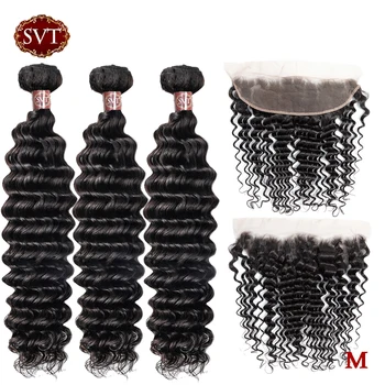 

SVT Hair 8-26" Deep Wave Bundles With Frontal Middle Ratio Indian Hair Non-Remy Human Hair Bundles With Frontal