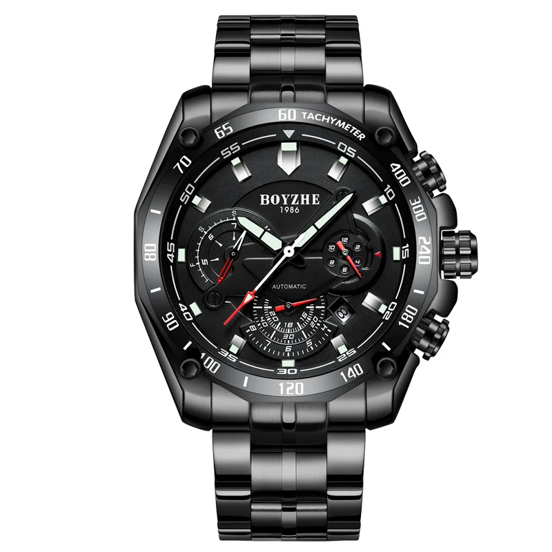 BOYZHE новые автоматические механические часы мужские спортивные часы 30 м водонепроницаемые часы из нержавеющей стали многофункциональные мужские часы - Цвет: Black