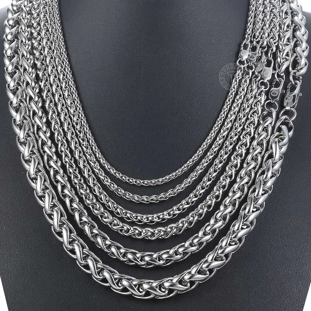 RANKEEF Wheat Chain Necklace For Men & Women - 3mm/5mm Stainless Steel Silver Chain 18-26 Inch