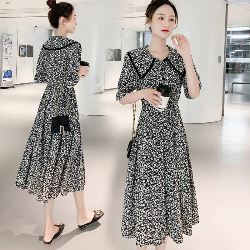 

2021 Summer New French Vintage Long Floral Dresses Plus Size Peter Pan Collar Half Sleeve Belt Temperament Women Dresses LJ3249
