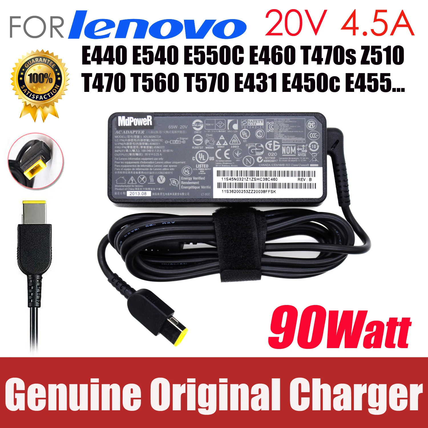 Original 20V 4.5A AC adaptador de cargador del ordenador portátil para Lenovo Thinkpad E440 E540 E550C E460 T470s T470 T560 T570 E431 E450c E455 Z510