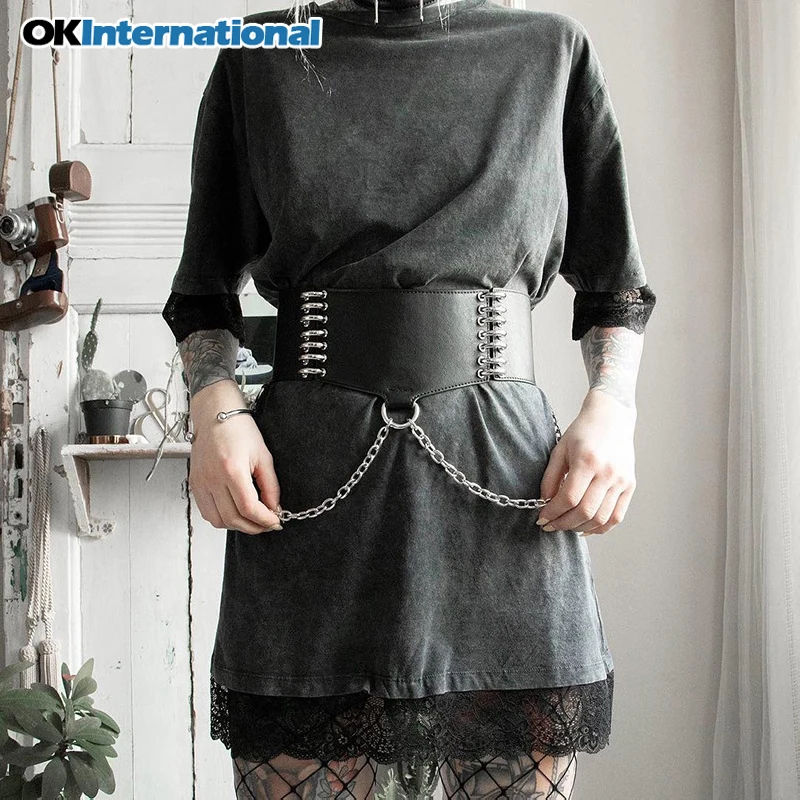 

Punk Gothic PU Leather Belt Metal Chain Width Wiast Street Dance Hip Hop Fashion New Faux Leather Belts Women Cool Belt