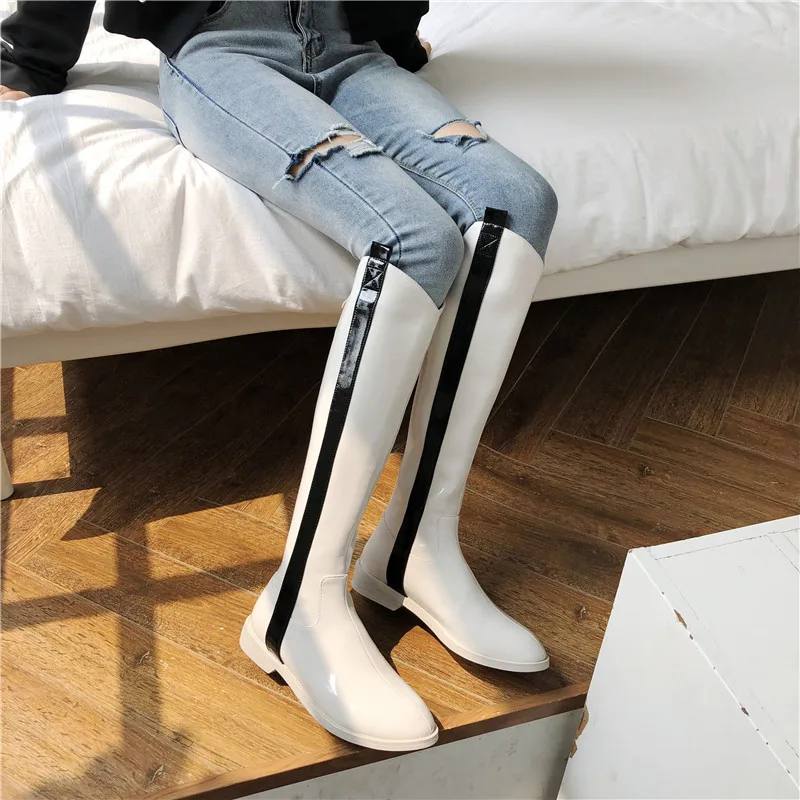 MORAZORA Hot sale popular knee high boots low heel round toe ladies shoes top quality patent leather 2 colors women boots