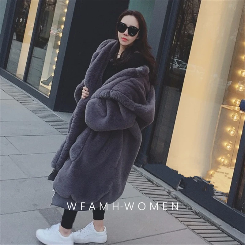 gray Женское пальто из искусственного меха, новинка, повседневные толстовки с мехом, Толстая теплая длинная куртка из искусственного меха кролика, свободное зимнее пальто для женщин, casaco feminino - Цвет: gray