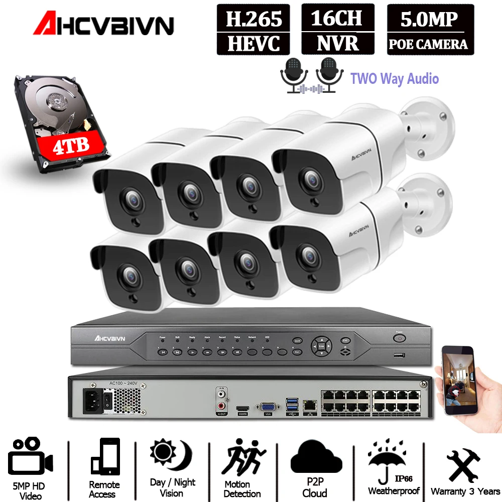 4K NVR 5MP 16CH CCTV Security System Two way audio POE Video Surveillance Kit 36Pcs IR-CUT IP Camera Microphone Speaker | Безопасность и
