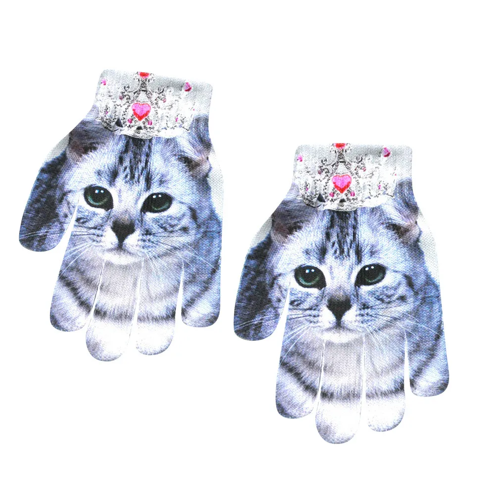 Детские зимние перчатки, сохраняющие тепло, с 3D принтом, вязаные, для телефона, с изображением котенка, милые перчатки для домашних животных, дышащие, удобные перчатки, варежки