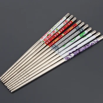 

5 Pairs Flower Print Stainless Steel Chinese Chopsticks Anti-skip Style Durable Chop Sticks Dinner Tableware for Home Restaurant