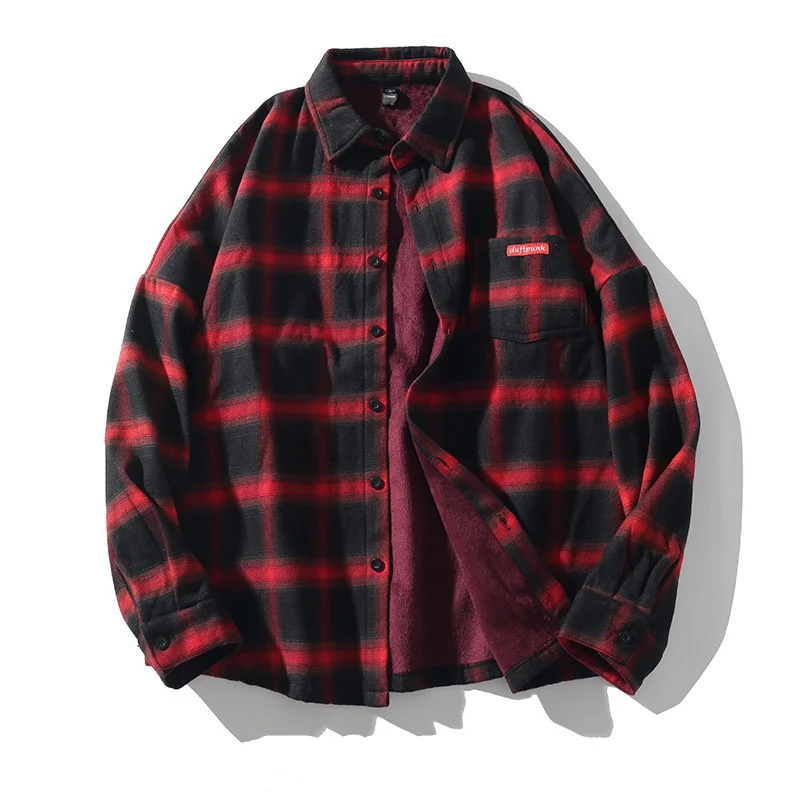 FGKKS Casual Brand Men Plaid Shirts Men's Plus velvet Long Sleeve Shirts Fashion Trend Male Turn-down Collar Shirt Coat - Цвет: Red