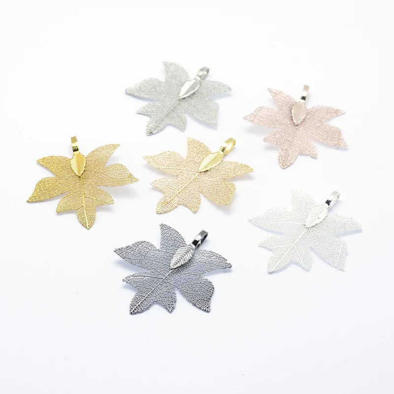 10pcs Brass Plated Natural Leaf Big Filigree Charming Pendants with Pinch Bail for Jewelry Necklace Making