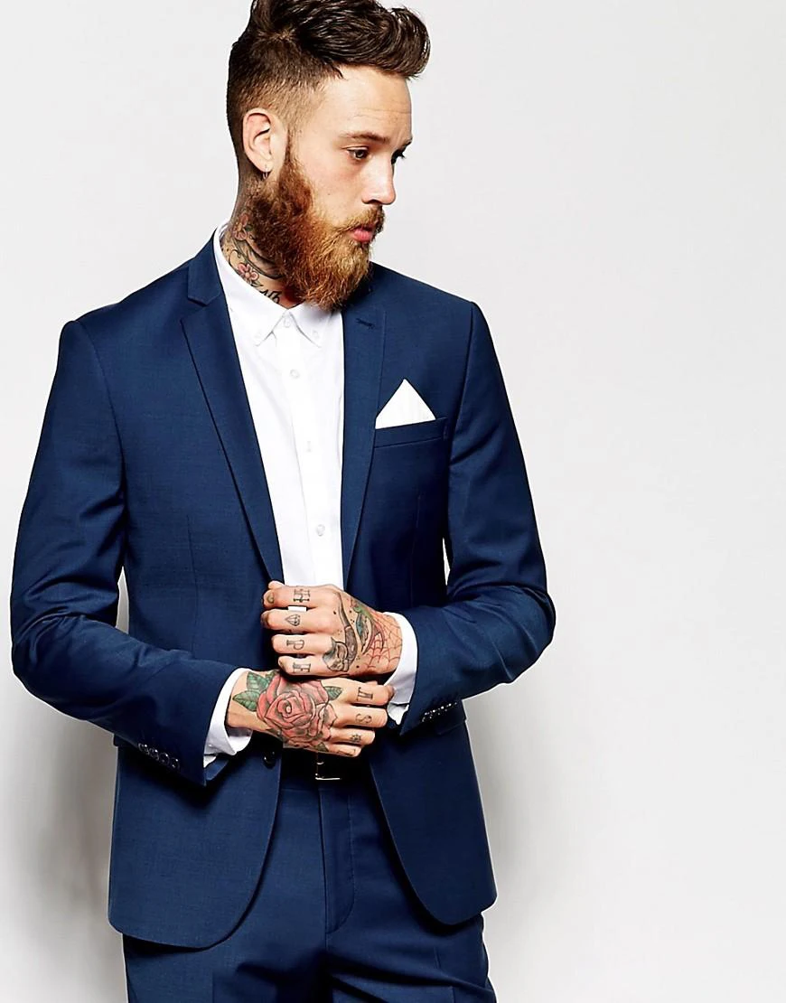 

(Jacket+Pants)2019Custom Made Groom Tuxedos Groomsmen Dark Blue Vent Slim Suits Fit Best Man Suit Wedding Costume Homme Mariage