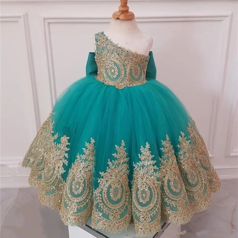 03-fl African Girls gold Flower Girls' Dresses Ball Gown One Shoulder Cheap Knot Bow Long Tulle Girls Birthday First Communion For Kids (2)