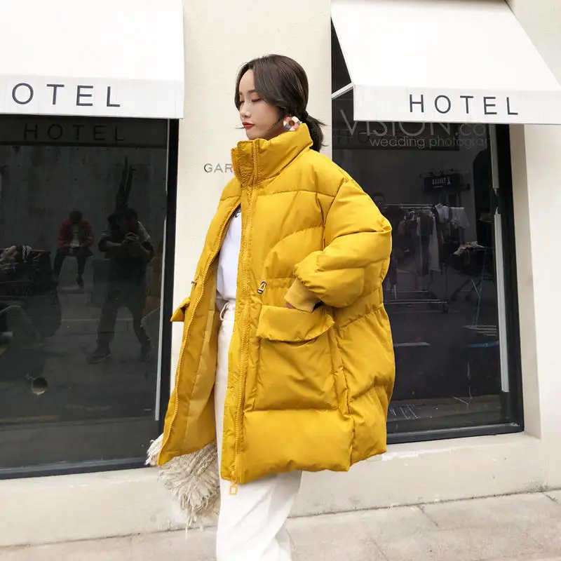 Yellow Parkas Пуховое хлопковое пальто, женская парка, свободная теплая зимняя куртка, женская одежда, уплотненное зимнее пальто с карманами и длинным рукавом для женщин Q2098 - Цвет: Yellow Parkas