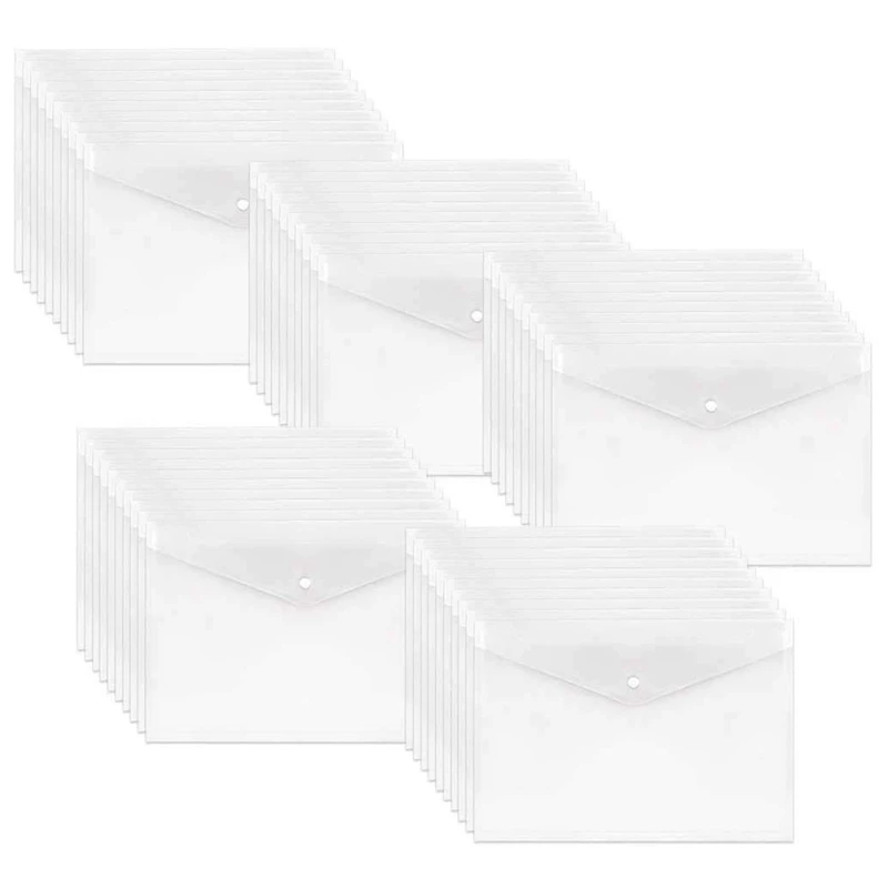 

50Pcs Poly Envelope, Clear Plastic Waterproof Envelope Folder with Button Closure, Letter Project Envelope Folder A4 Size