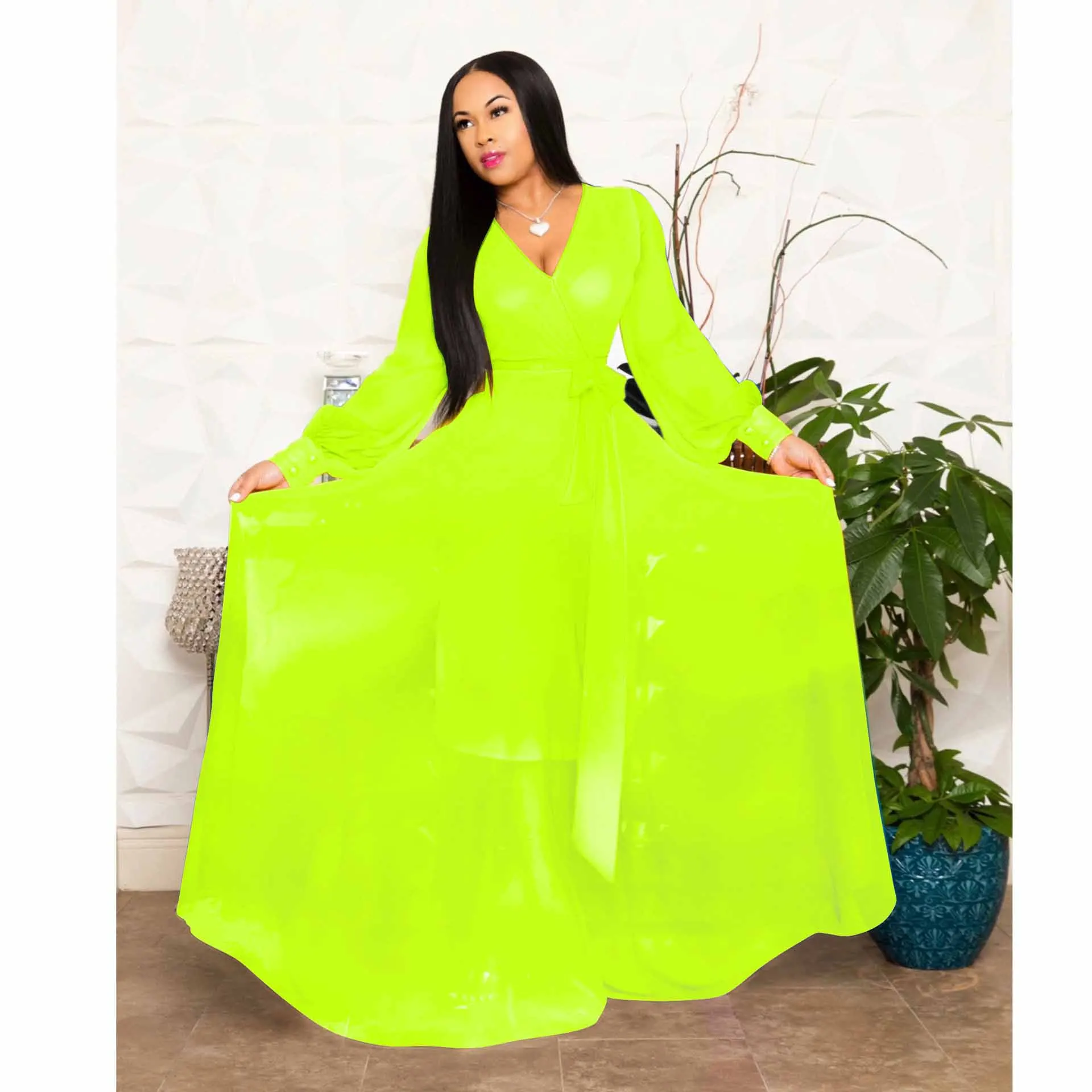 Fluorescent green Новая африканская женская одежда Дашики модное однотонное шифоновое платье с v-образным вырезом и длинными рукавами Размер smsmr428 - Цвет: Fluorescent green