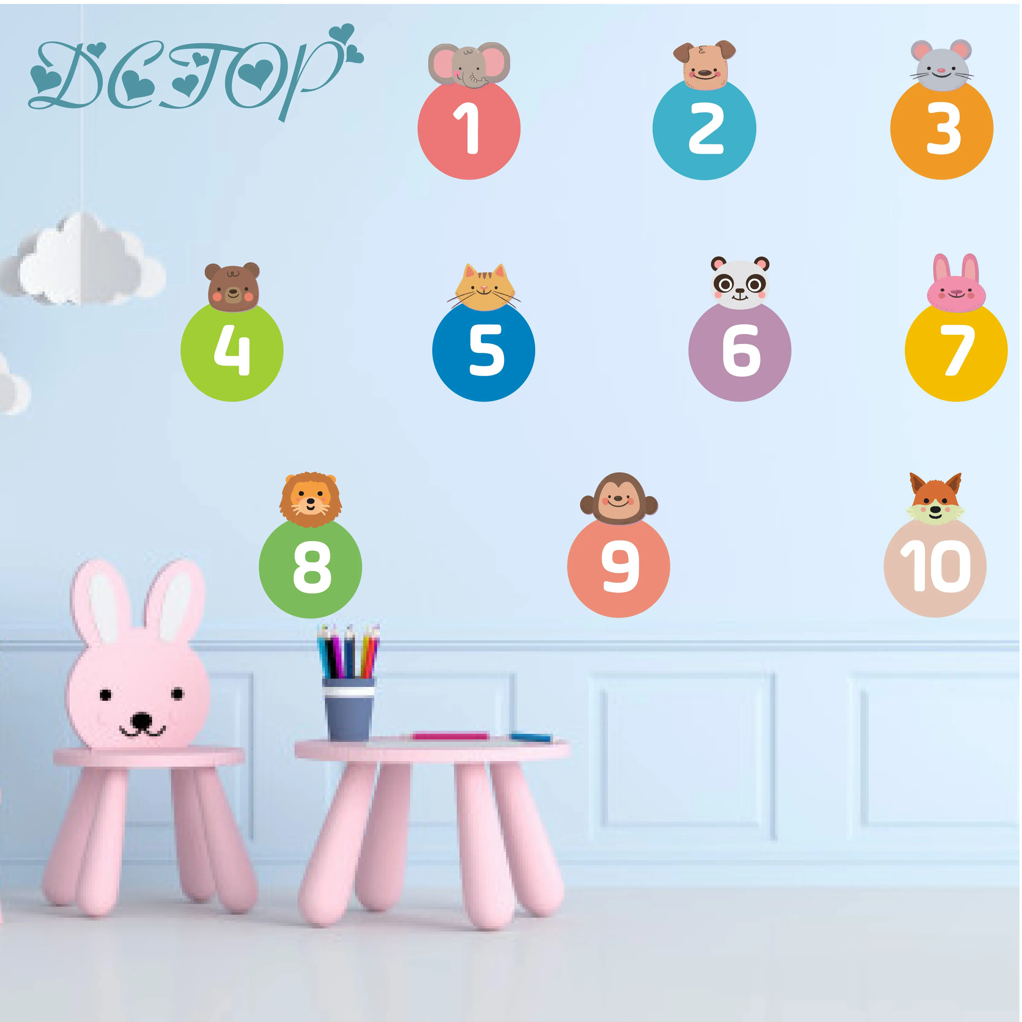 

Cartoon Number Animals Wall Sticker Fox Monkey Bear Tiger Removable Cute Numbers Art Decal For Children's Bedroom DIY Home Decer