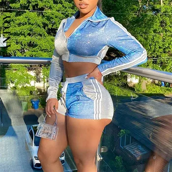 

FANTOYE Glitter Patchwork Women Two Piece Set New Long Sleeve Zipper Crop Top And Shorts Nightclub 2 Piece Sets Women's Outfit