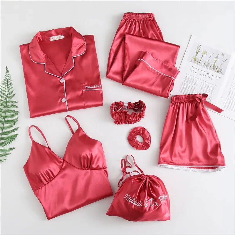7 Pieces Set Ice Silk Pajamas Woman Printing Fashion Long Sleeve Nightdress Shorts Trousers Pijama | Женская одежда