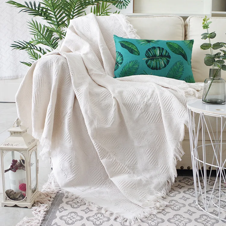 Белый плед Текстурированный Твердый Мягкий для дивана декоративное вязаное одеяло
