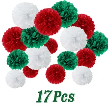 Dekoracje świąteczne Xmas 17 sztuk zestaw zielone białe czerwone pompony kwiaty ślubne na urodziny i bociankowe noworoczne materiały na przyjęcie świąteczne tanie tanio SUNBEAUTY CN (pochodzenie) Serce Star Jednolity kolor 17pcs Papier Id al-Fitr do ujawnienia płci przyjęcie urodzinowe