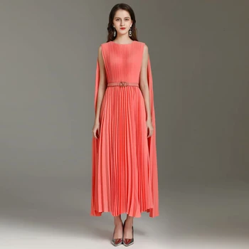 

Pure Color Pleated Belt Sleeveless Temperament Slim Party Mid-Length Dress 2020 Spring Summer High Quality New Women