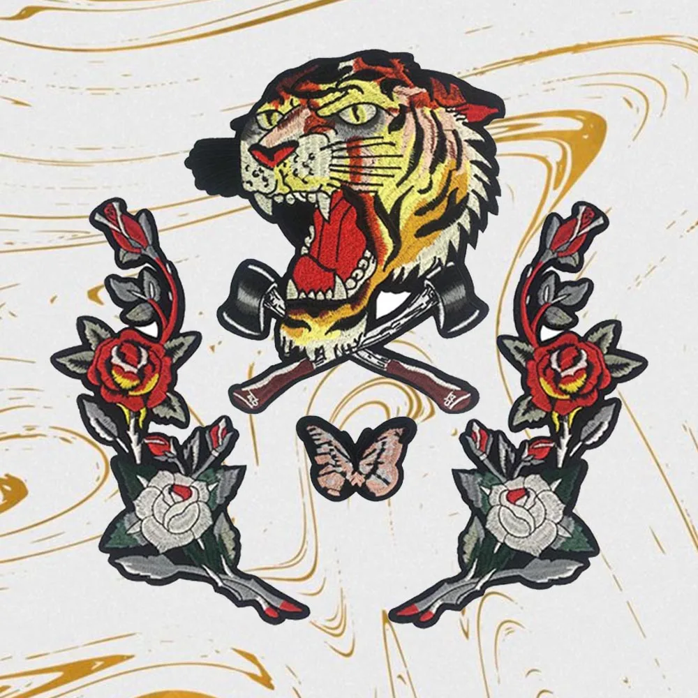 

1 set Tiger butterfly flower Appliques Diy Patch Embroidered Handmade Iron On Patches for Cloth Jackets T-shirts Accessories