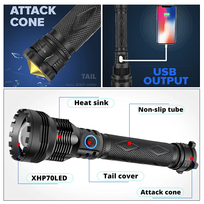  2020 EST XHP70 LED Flashlight 50W Powerful Camping Bright USB Charging 26650 Multifunctional Zoom L - 4000464994927