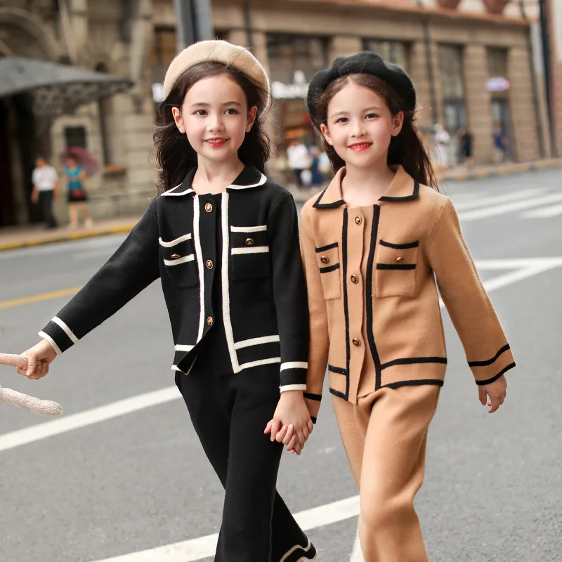 

Autumn Winter Girls Clothing Set Kids 2 Pcs Set Children Casual Clothes Top Coat+ Pant Sweater Suit For Girls Knitted 4-14 Year