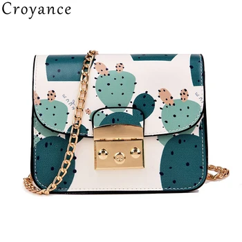 

Croyance Girls Cactus Printed Flap Shoulder Bags PU Leather Messenger Handbags Women Small Satchel Casual Chain Crossbody Bags