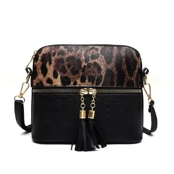 

Fashion Leopard Splicing Color Messenger Bag Women PU Leather Shell Shoulder Handbag Classic Elegant Tassel Sling Crossbody Bags