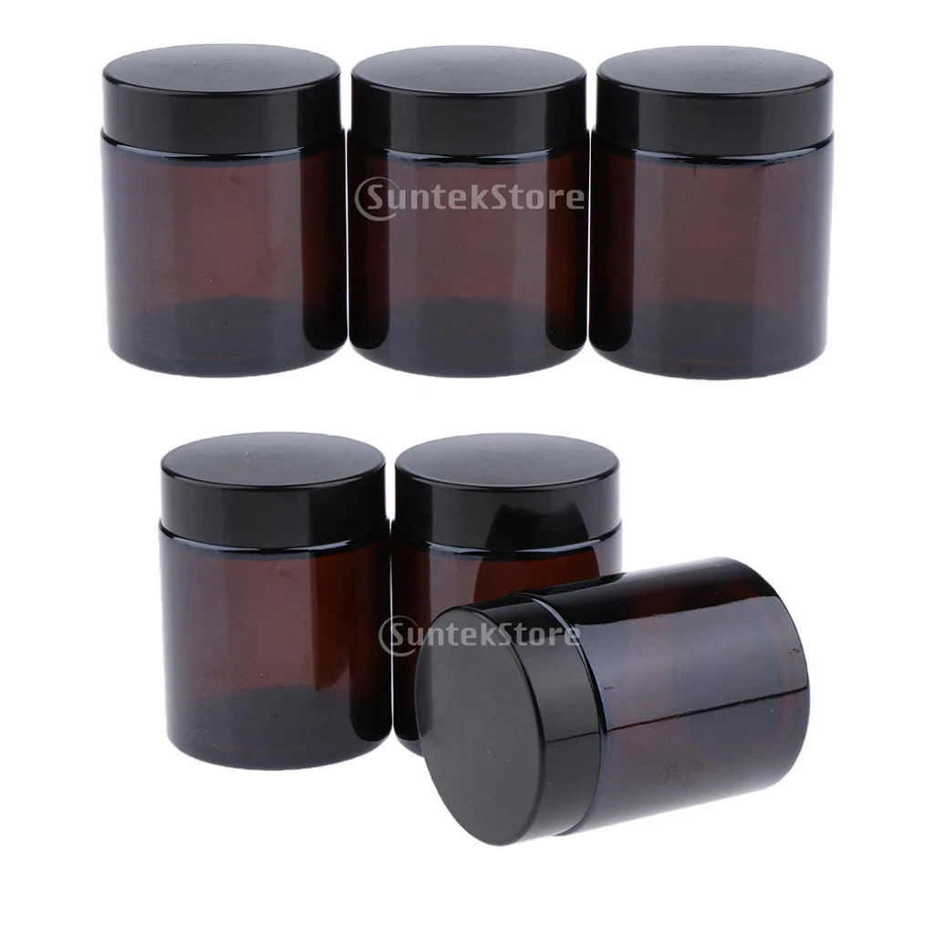 6Pcs Brown Glass Refillable Cosmetic Jars Empty Face Cream Lip Balm Storage Container Pot Bottle with Black Lids (100ml)