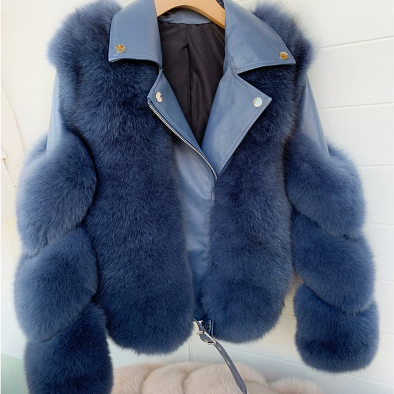 ZDFURS* Импорт Лисий мех лоскутное двустороннее меховое мото& байкерское пальто для женщин кожаное меховое пальто - Цвет: blue