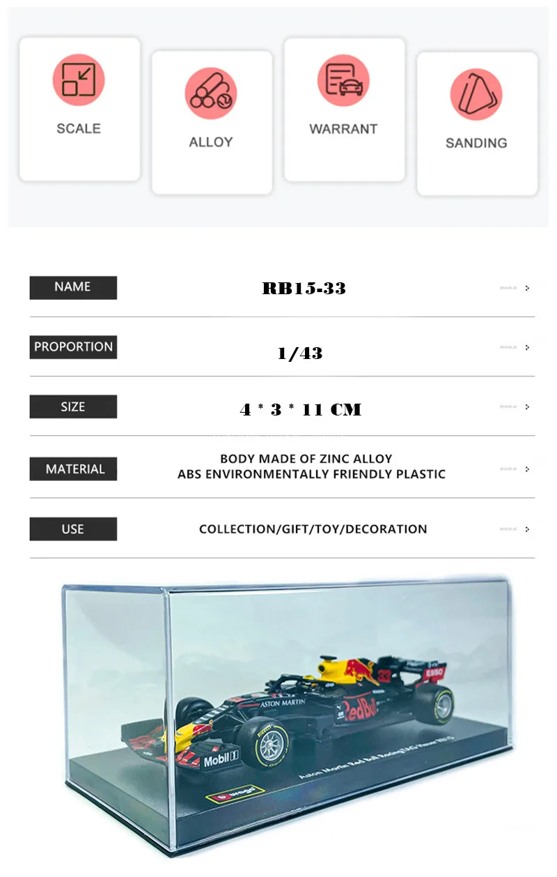 Bburago 1:43 2019 F1 Red Bull Racing RB15 33# Max Verstappen racing model simulation car model alloy car toy collection gift