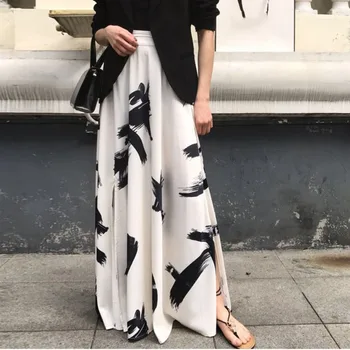 

WOMENGAGA Print Split Skirt Ladies High Waist Elastic Large Size Loose Long Elegant Skirts Female 2020 Spring Fashion New XX204