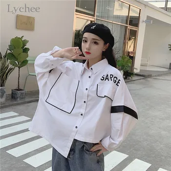 

Lychee Harajuku Letter Print Patchwork Women Shirt Top Casual Loose Button Pockets Female Blouses Spring Autumn Lady Shirts Tops