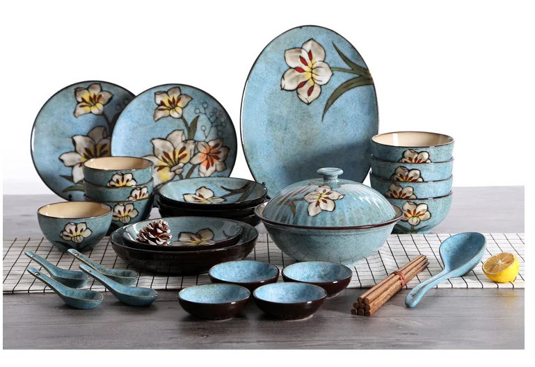 1 шт., набор синих столовых приборов с искусственным цветком, ручная роспись, домашняя керамическая тарелка, Западный стейк, салат, десерт, торт, тарелка для суши
