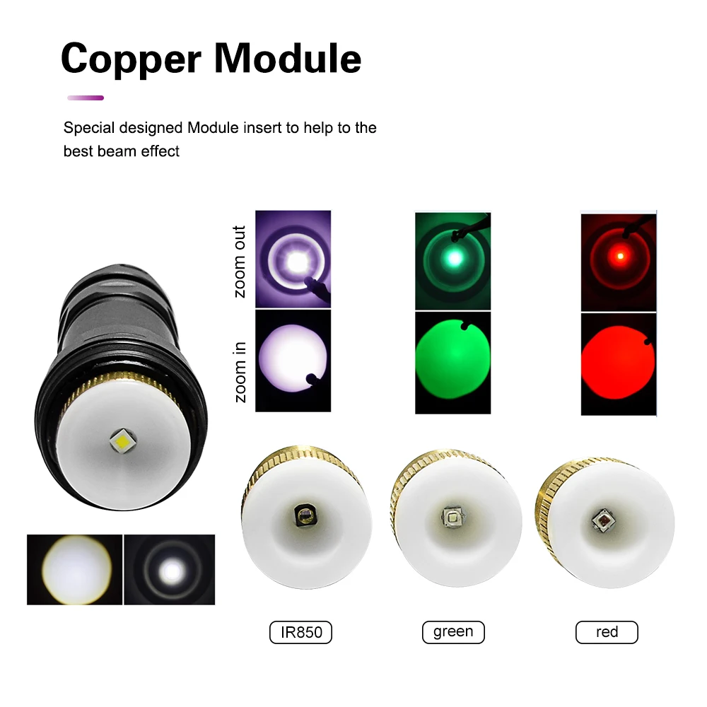  HT10 Hunting Light LED Flashlight Torch Green Red White Light Spotlight XPL V3 LED Torch with Brack - 4000357981281