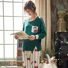 Женская пижама с круглым вырезом, пижамный комплект с широким принтом сосны, большие размеры, дышащие длинные пижамы, костюмы для отдыха