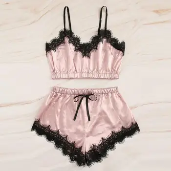 

Women Stain Lace Sleepwear Set V-Neck Silk Lace Sexy Trim Camisole Pajamas Sleepwear Shorts Set сексуальное белье #2N18