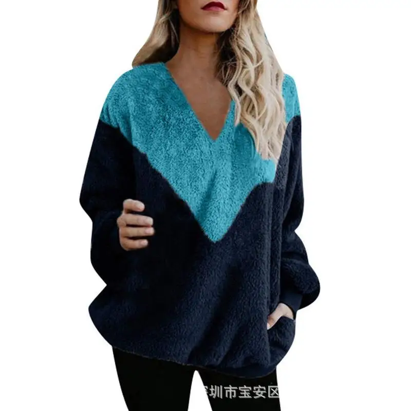 

2019 autumn and winter v-neck stitching long-sleeved plush sweater loose contrast color pullover sweater women