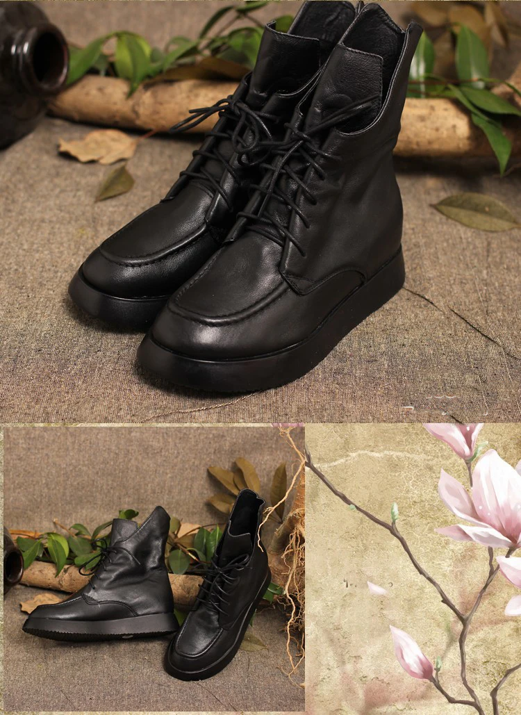Зимние черные ботинки из натуральной коровьей кожи; женская Винтажная обувь на плоской подошве со шнуровкой; зимняя теплая обувь ручной работы; женская обувь; 19