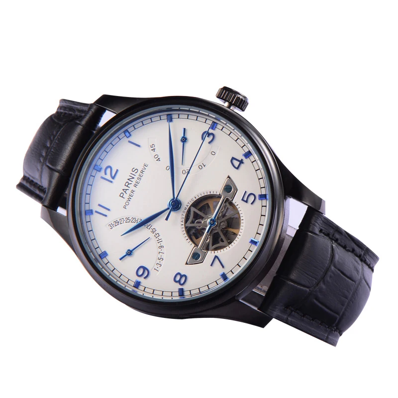 

Parnis 43mm Skeleton Watch Automatic Watch PVD Case Men Power Reserve Tourbillon Mechanical Watches Men Gift Relogio Masculino