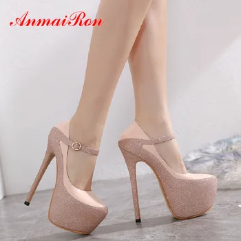 

ANMAIRON 2020 Round Toe Womens Shoes PU Basic Thin Heels Buckle Strap Spring/Autumn Mature Bling High Heel Fashion Wedding Shoes