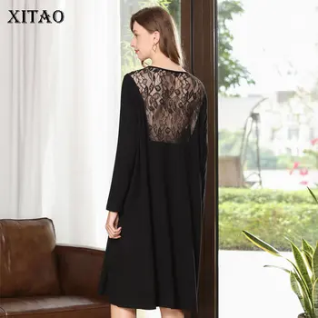 

XITAO Sexy Lace Backless Dresses Fashion Plus Size Dress Women Black O Neck Loose Wild Women Clothes 2019 Autumn Winter DMY1941