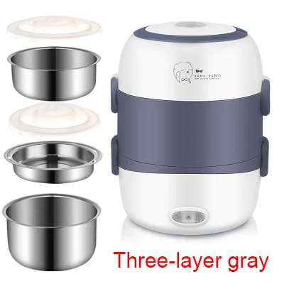 Gray three layers DMWD портативный Электрический нагревательный Ланч-бокс Мини рисоварка из нержавеющей стали 3 слоя пищевой Пароварка для пикника контейнер для еды грелка ЕС - Цвет: Gray three layers
