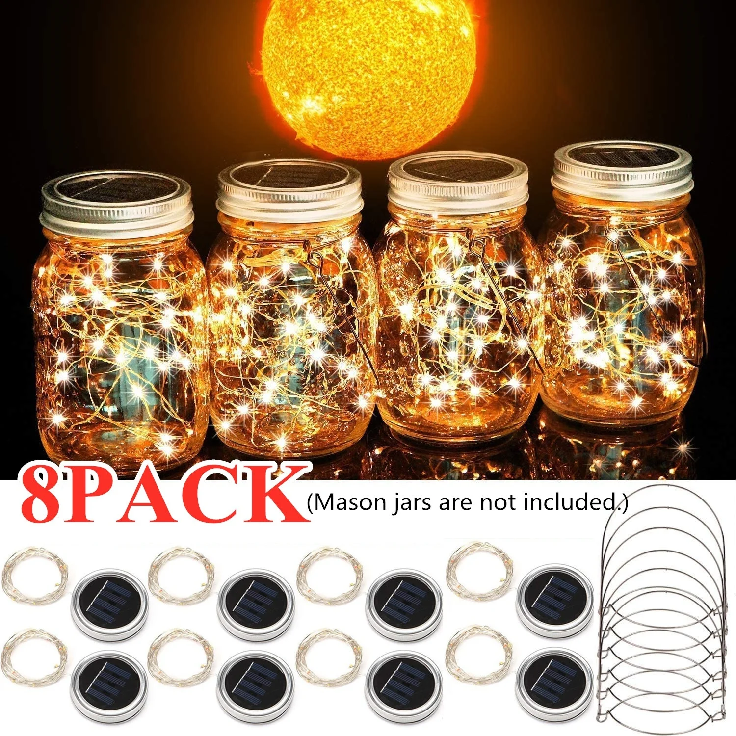 8 Pack Solar Mason Jar Lights with 8 Handles 10 Leds String Fairy Firefly Lights Lids Insert for Regular Mouth Jars Garden decor