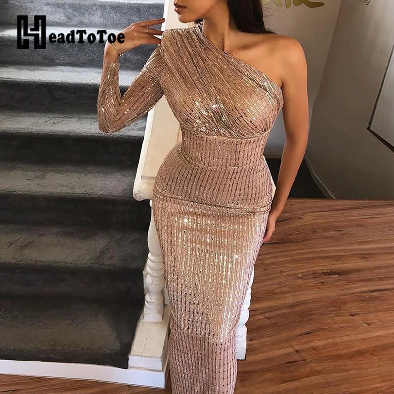 

Sexy Glitter One Shoulder Ruched Sequins Long Dress Women Long Sleeve Sheath Sparkling Party Club Dresses