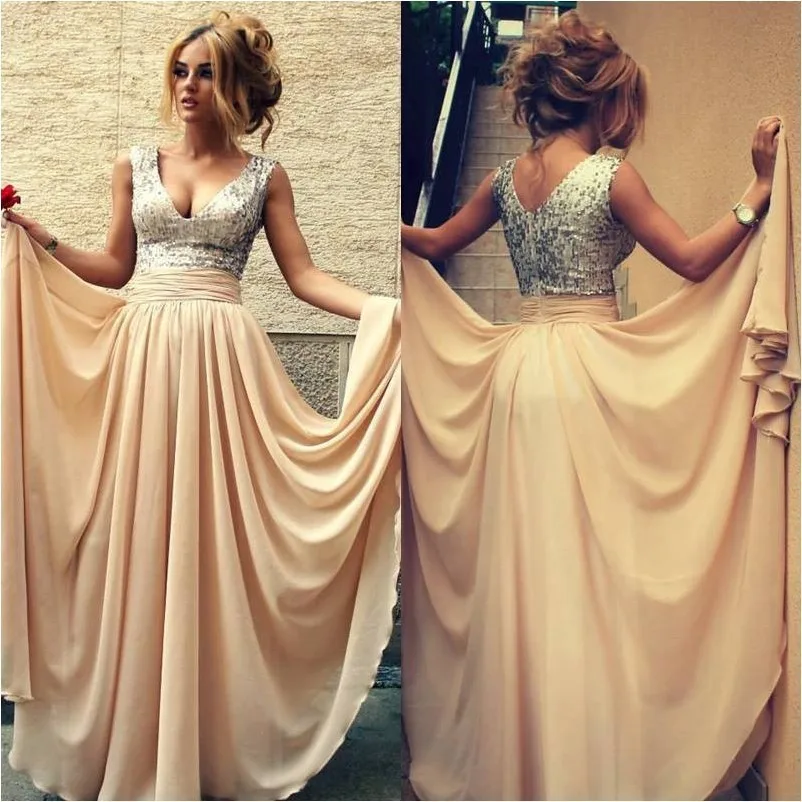 

free shipping In Stock Prom New style V Neck Sequined Long Chiffon Sleeveless Elegant 2018 long Party gown bridesmaid dresses