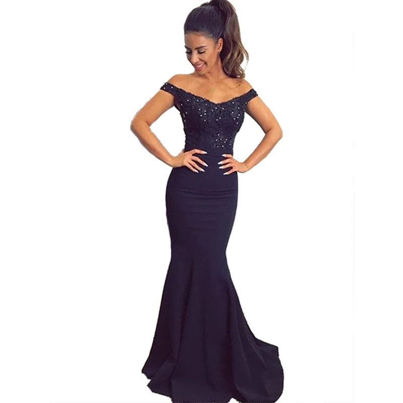 Женское вечернее платье без рукавов LZL темно-синее кружевное приталенное с