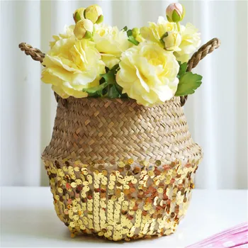 

Sequin Seagrass Hand-woven Basket Flower Plants Pots Foldable Laundry Storage Basket Home Garden Decor